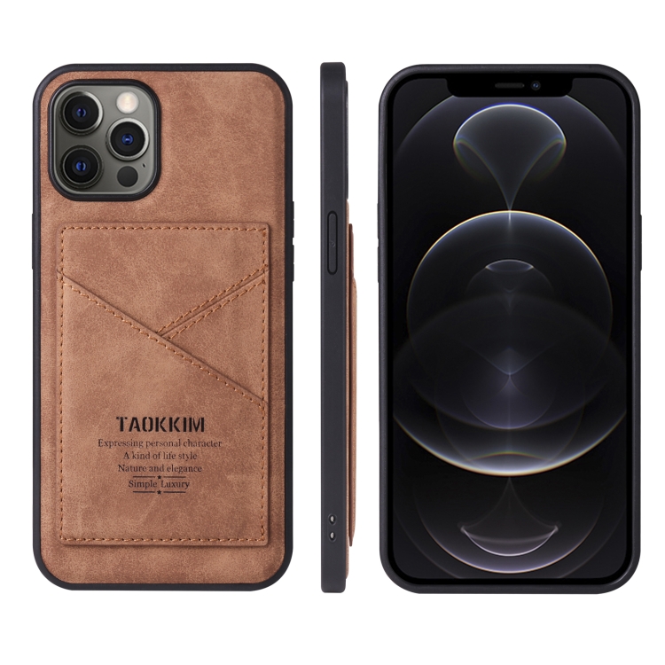 

TAOKKIM Retro Matte PU Leather + PC + TPU Shockproof Back Cover Case with Holder & Card Slot For iPhone 12 / 12 Pro(Brown)