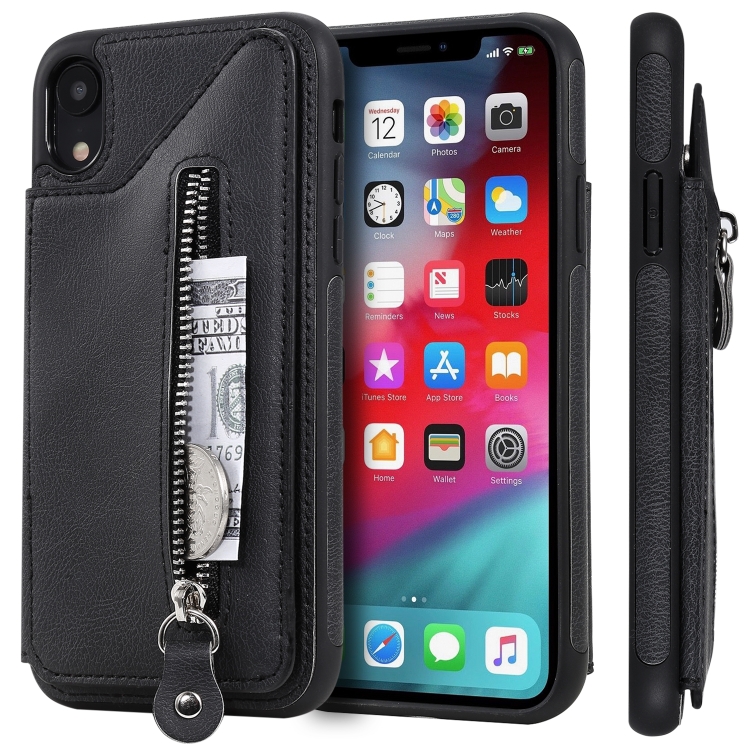 

For iPhone XR Solid Color Double Buckle Zipper Shockproof Protective Case(Black)