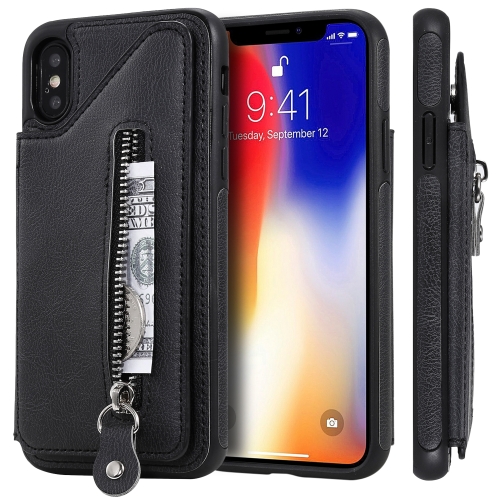 

For iPhone XS Solid Color Double Buckle Zipper Shockproof Protective Case(Black)