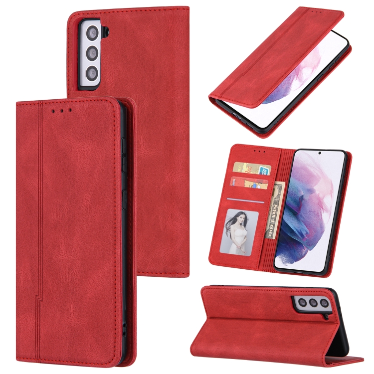 

For Samsung Galaxy S21+ 5G Skin Feel Pressure Line Magnetic Horizontal Flip Leather Case with Holder & Card Slot & Wallet & Photo Frame(Red)