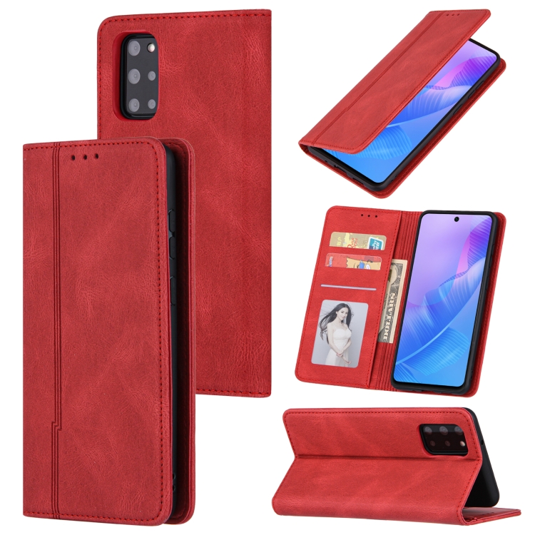 

For Samsung Galaxy S20+ Skin Feel Pressure Line Magnetic Horizontal Flip Leather Case with Holder & Card Slot & Wallet & Photo Frame(Red)