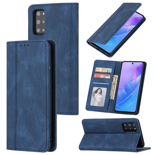 

For Samsung Galaxy A31 Skin Feel Pressure Line Magnetic Horizontal Flip Leather Case with Holder & Card Slot & Wallet & Photo Frame(Blue)