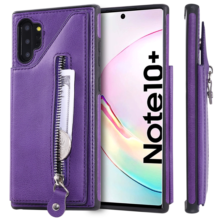 

For Galaxy Note 10 Plus Solid Color Double Buckle Zipper Shockproof Protective Case(Purple)