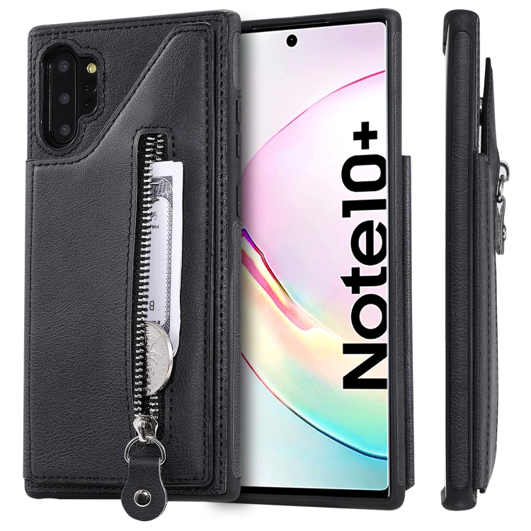 

For Galaxy Note 10 Plus Solid Color Double Buckle Zipper Shockproof Protective Case(Black)