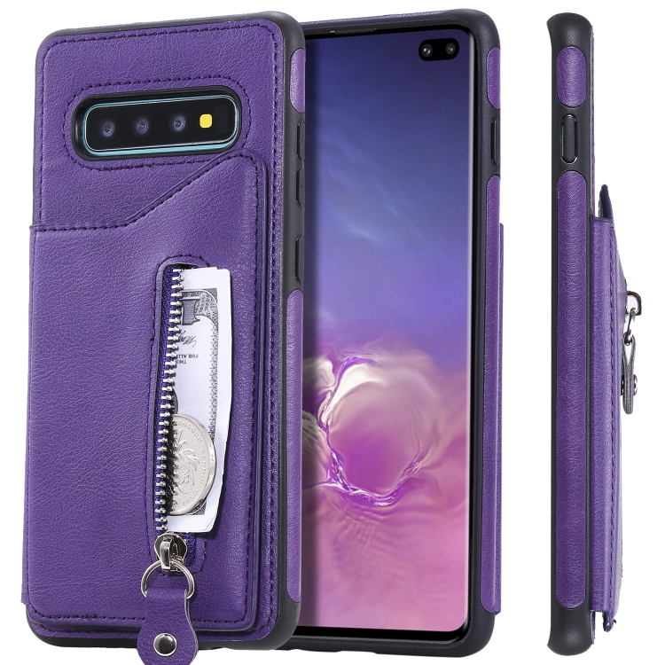 

For Galaxy S10 Plus Solid Color Double Buckle Zipper Shockproof Protective Case(Purple)