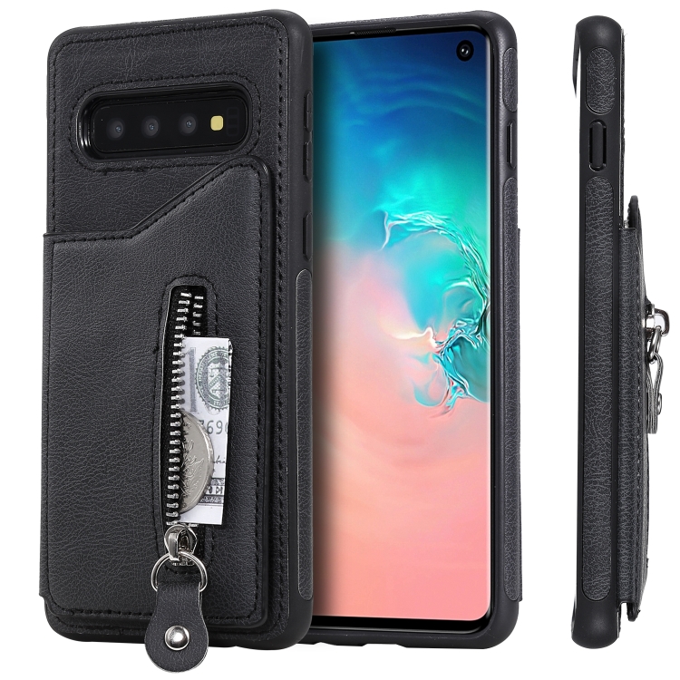 

For Galaxy S10 Solid Color Double Buckle Zipper Shockproof Protective Case(Black)