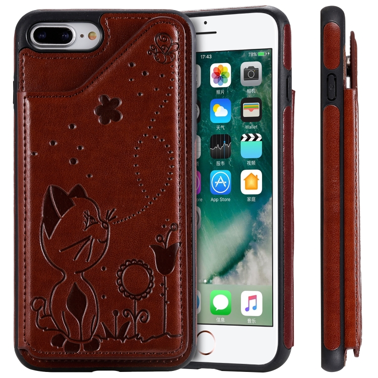 

For iPhone 8 Plus / 7 Plus Cat Bee Embossing Pattern Shockproof Protective Case with Card Slots & Photo Frame(Brown)