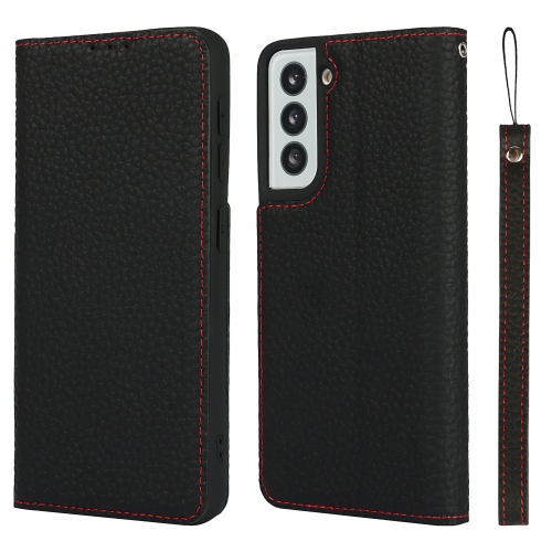 

For Samsung Galaxy S21 5G Litchi Texture Horizontal Flip Top Layer Cowhide Leather Case with Holder & Card Slots & Wallet & Strap & Wire Winder(Black)