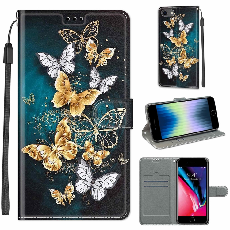 

Voltage Colored Drawing Magnetic Clasp Horizontal Flip PU Leather Case with Holder & Card Slots For iPhone SE 2020 / 8 / 7(C20 Gold Silver Flying Butterflies)