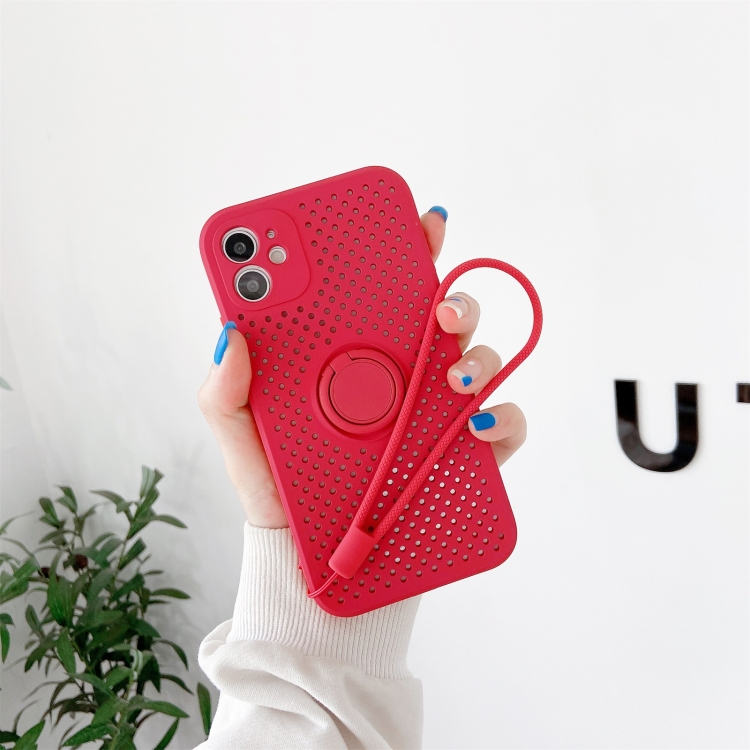 

Heat Dissipation Cooling Holes Liquid Silicone Straight Edge Shockproof Case with Ring Holder & Strap For iPhone 12 mini(Red)