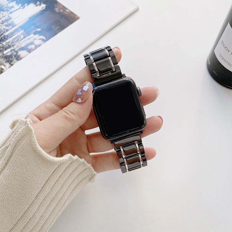 

Five Beads Ceramic Steel Replacement Watchbands For Apple Watch Series 6 & SE & 5 & 4 44mm / 3 & 2 & 1 42mm(Black + Silver)