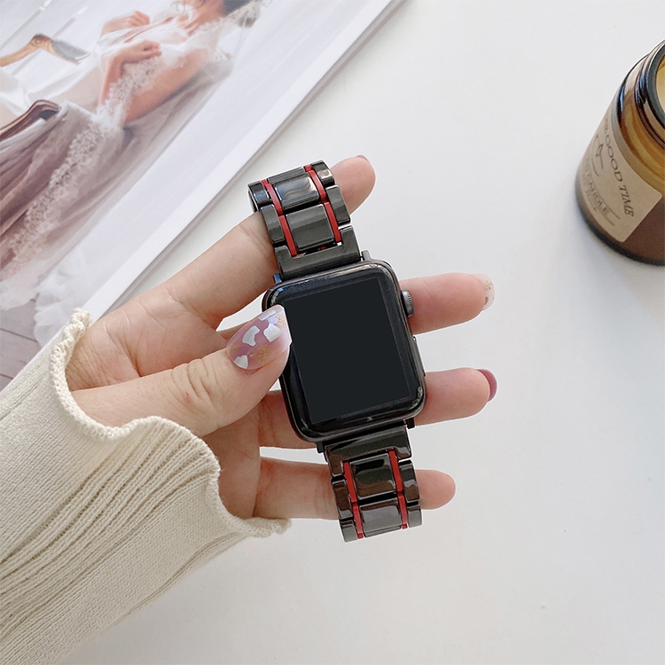

Five Beads Ceramic Steel Replacement Watchbands For Apple Watch Series 6 & SE & 5 & 4 40mm / 3 & 2 & 1 38mm(Black + Red)