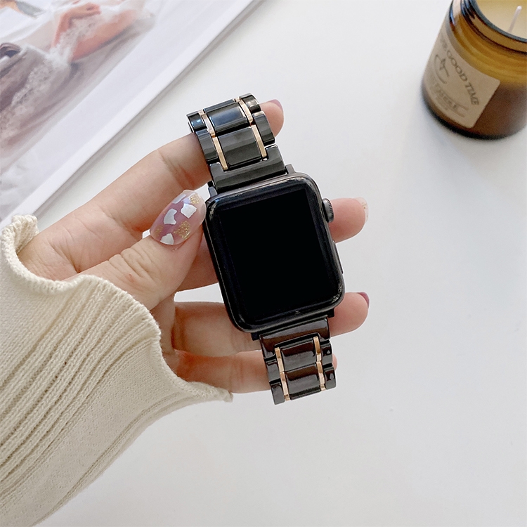 

Five Beads Ceramic Steel Replacement Watchbands For Apple Watch Series 6 & SE & 5 & 4 40mm / 3 & 2 & 1 38mm(Black + Rose Gold)