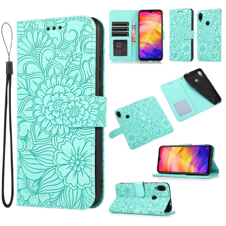 

For Xiaomi Redmi Note 7 Skin Feel Embossed Sunflower Horizontal Flip Leather Case with Holder & Card Slots & Wallet & Lanyard(Green)