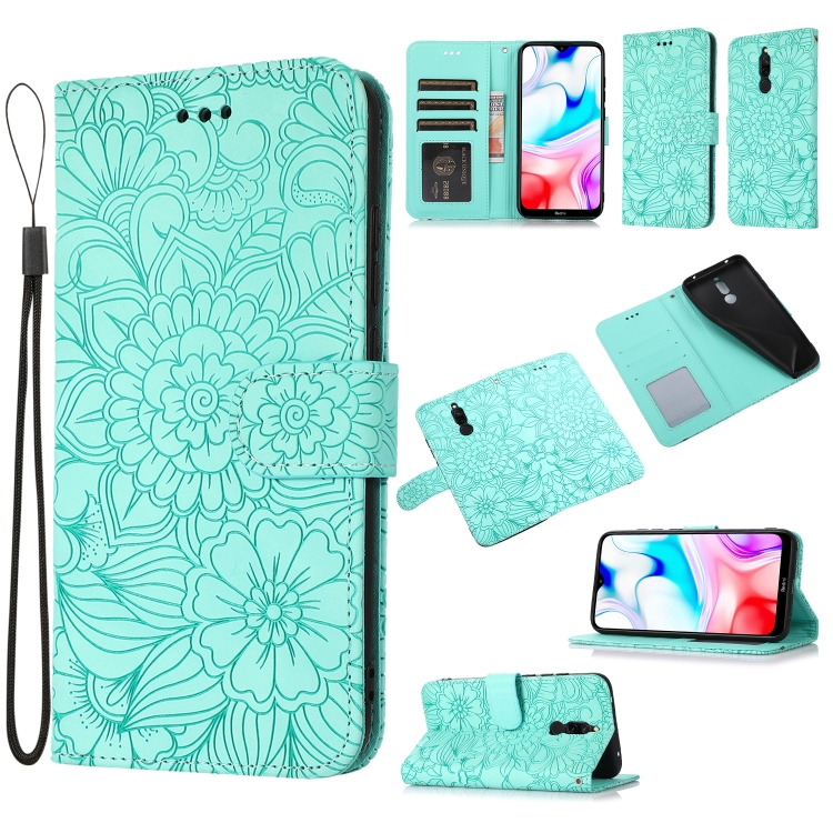 

For Xiaomi Redmi 8 Skin Feel Embossed Sunflower Horizontal Flip Leather Case with Holder & Card Slots & Wallet & Lanyard(Green)