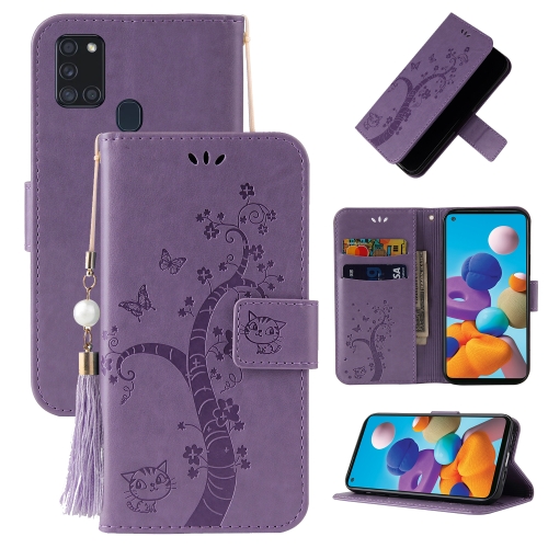 

For Samsung Galaxy A21s Embossed Lucky Tree Horizontal Flip Leather Case with Holder & Card Slot & Wallet & Lanyard(Purple)