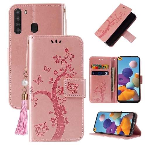 

For Samsung Galaxy A21 EU Version Embossed Lucky Tree Horizontal Flip Leather Case with Holder & Card Slot & Wallet & Lanyard(Rose Gold)