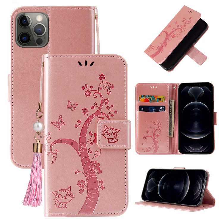 

Embossed Lucky Tree Horizontal Flip Leather Case with Holder & Card Slot & Wallet & Lanyard For iPhone 12 Pro(Rose Gold)