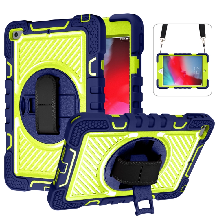 

360 Degree Rotation Contrast Color Shockproof Silicone + PC Case with Holder & Hand Grip Strap & Shoulder Strap For iPad mini (2019) / 4(Navy Blue+Yellow Green)