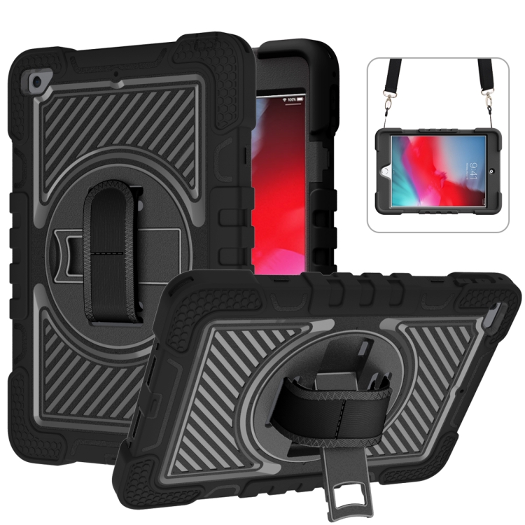 

360 Degree Rotation Contrast Color Shockproof Silicone + PC Case with Holder & Hand Grip Strap & Shoulder Strap For iPad mini (2019) / 4(Black)