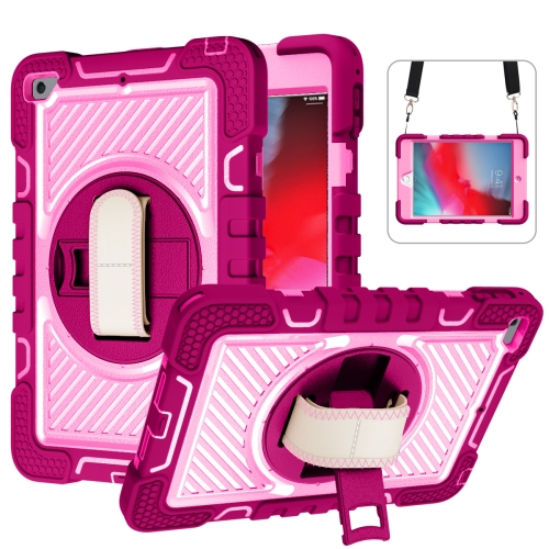 

360 Degree Rotation Contrast Color Shockproof Silicone + PC Case with Holder & Hand Grip Strap & Shoulder Strap For iPad mini (2019) / 4(Rose Red+Pink)