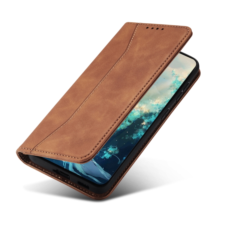 

For Samsung Galaxy A12 5G Skin-feel Calfskin Texture Magnetic Dual-Fold Horizontal Flip Leather Case with Holder & Card Slots & Wallet(Brown)