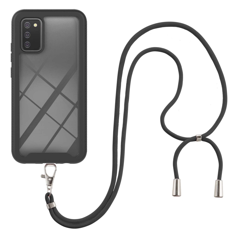 

For Samsung Galaxy A02s EU Version 166mm Starry Sky Solid Color Series Shockproof PC + TPU Protective Case with Neck Strap(Black)