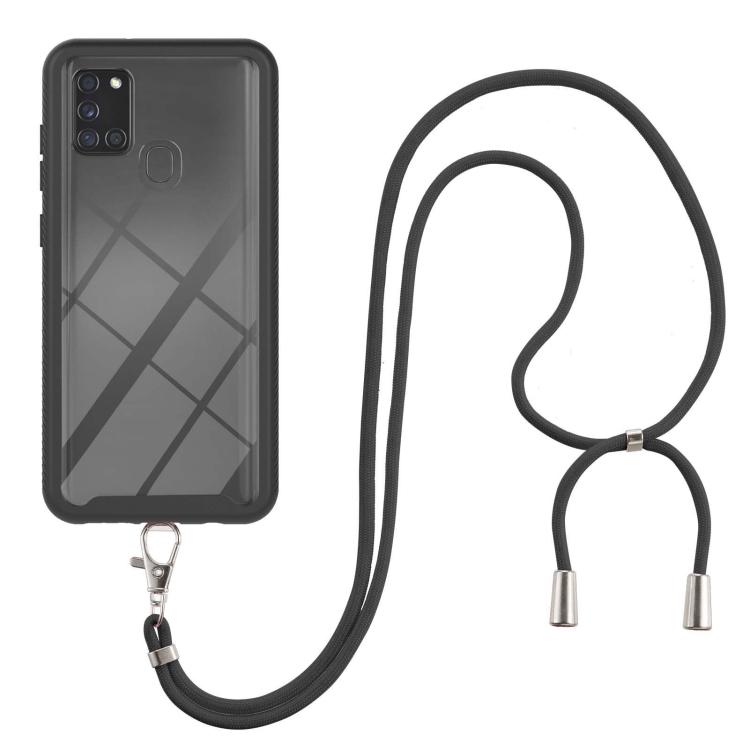 

For Samsung Galaxy A21s Starry Sky Solid Color Series Shockproof PC + TPU Protective Case with Neck Strap(Black)