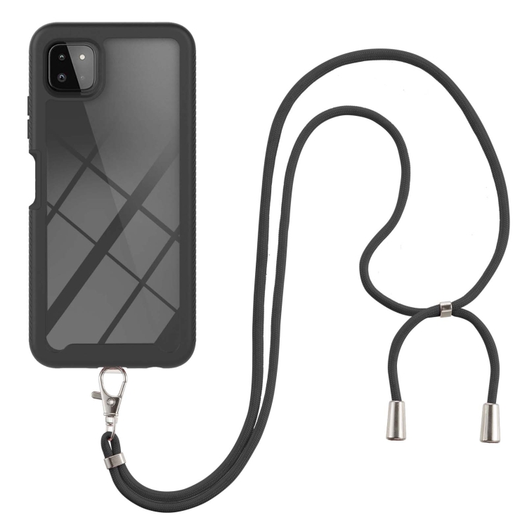 

For Samsung Galaxy A22 5G Starry Sky Solid Color Series Shockproof PC + TPU Protective Case with Neck Strap(Black)