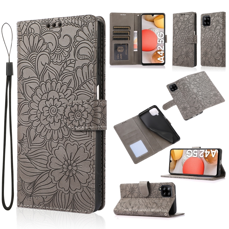 

For Samsung Galaxy A42 5G Skin Feel Embossed Sunflower Horizontal Flip Leather Case with Holder & Card Slots & Wallet & Lanyard(Gray)