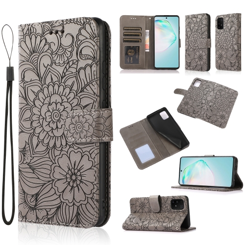 

For Samsung Galaxy A91 Skin Feel Embossed Sunflower Horizontal Flip Leather Case with Holder & Card Slots & Wallet & Lanyard(Gray)