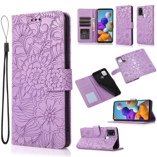 

For Samsung Galaxy A21s Skin Feel Embossed Sunflower Horizontal Flip Leather Case with Holder & Card Slots & Wallet & Lanyard(Purple)