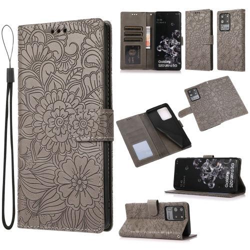 

For Samsung Galaxy S20 Ultra Skin Feel Embossed Sunflower Horizontal Flip Leather Case with Holder & Card Slots & Wallet & Lanyard(Gray)