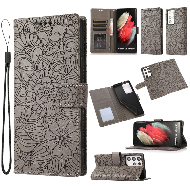 

For Samsung Galaxy S21 Ultra 5G Skin Feel Embossed Sunflower Horizontal Flip Leather Case with Holder & Card Slots & Wallet & Lanyard(Gray)