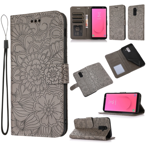 

For Samsung Galaxy J8 Skin Feel Embossed Sunflower Horizontal Flip Leather Case with Holder & Card Slots & Wallet & Lanyard(Gray)