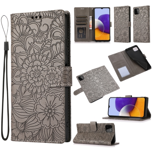 

For Samsung Galaxy A22 5G Skin Feel Embossed Sunflower Horizontal Flip Leather Case with Holder & Card Slots & Wallet & Lanyard(Gray)