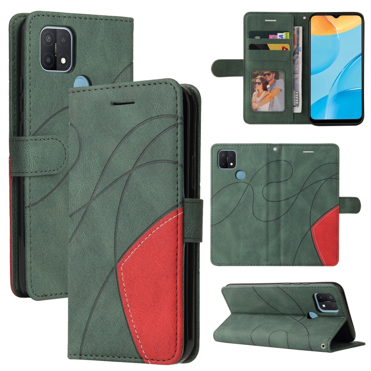 

For OPPO A15 Dual-color Splicing Horizontal Flip PU Leather Case with Holder & Card Slots & Wallet(Green)