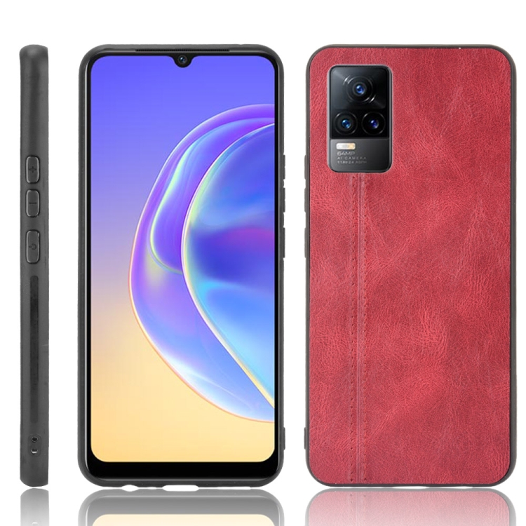 

For vivo V21e Shockproof Sewing Cow Skin Texture PC + PU + TPU Case(Red)