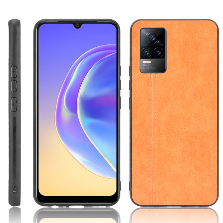 

For vivo V21e Shockproof Sewing Cow Skin Texture PC + PU + TPU Case(Orange)