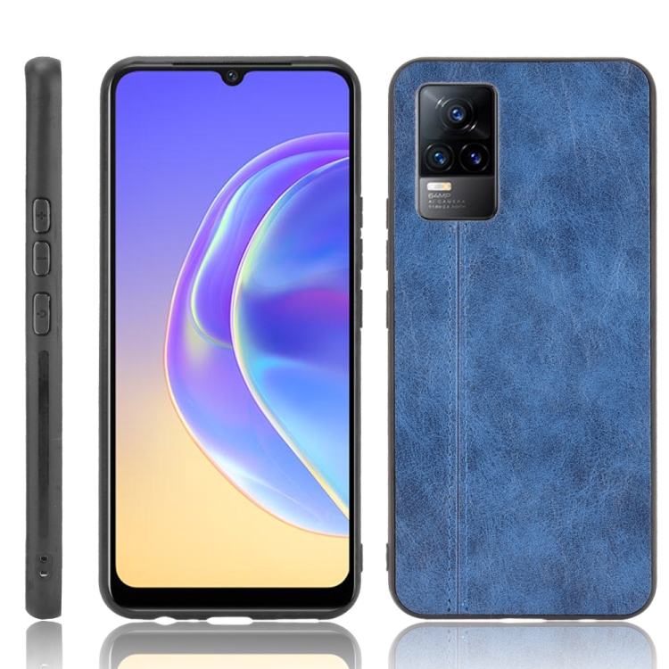 

For vivo V21e Shockproof Sewing Cow Skin Texture PC + PU + TPU Case(Blue)