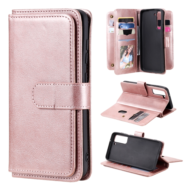 

For Samsung Galaxy S21 FE Multifunctional Magnetic Copper Buckle Horizontal Flip Solid Color Leather Case with 10 Card Slots & Wallet & Holder & Photo Frame(Rose Gold)