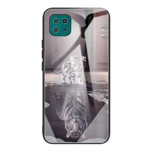 

For Samsung Galaxy A22 5G Colorful Painted Glass Shockproof Protective Case(Cat)