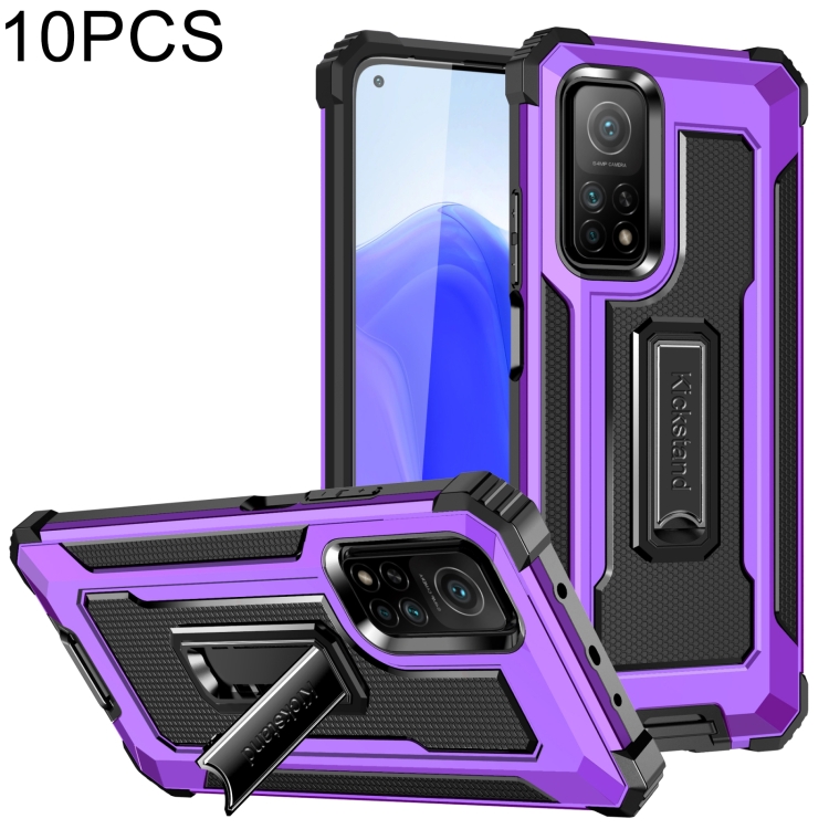 

For Xiaomi Mi 10T 5G 10 PCS Knight Jazz PC+TPU Shockproof Protective Case with Foldable Holder(Purple)