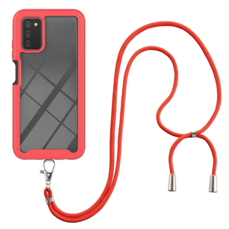 

For Samsung Galaxy A03s EU Version Starry Sky Solid Color Series Shockproof PC + TPU Protective Case with Neck Strap(Red)