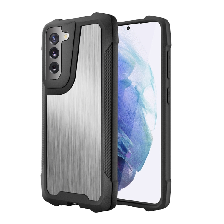 

For Samsung Galaxy S21 FE Stainless Steel Metal PC Back Cover + TPU Heavy Duty Armor Shockproof Case(Brush Silver)