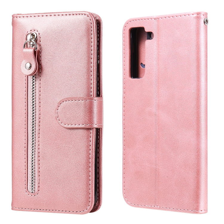 

For Samsung Galaxy S21 FE Fashion Calf Texture Zipper Horizontal Flip Leather Case with Holder & Card Slots & Wallet(Rose Gold)