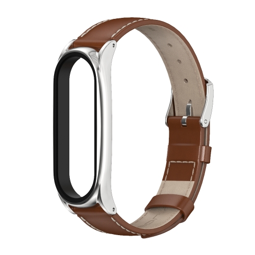 

For Xiaomi Mi Band 6 / 5 / 4 / 3 Mijobs First Layer Cowhide Plus Replacement Watchband(Brown Silver)