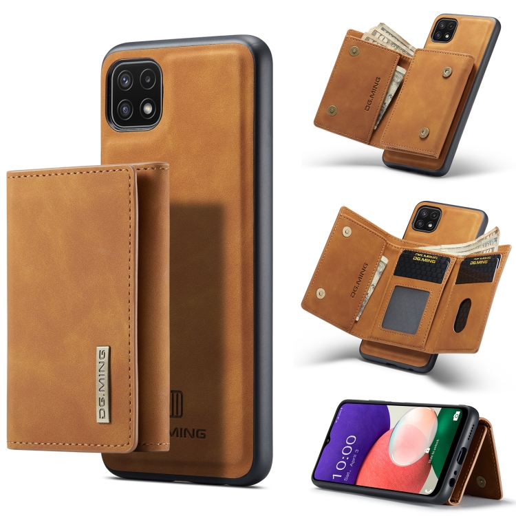 

For Samsung Galaxy A22 5G DG.MING M1 Series 3-Fold Multi Card Wallet + Magnetic Back Cover Shockproof Case with Holder Function(Brown)