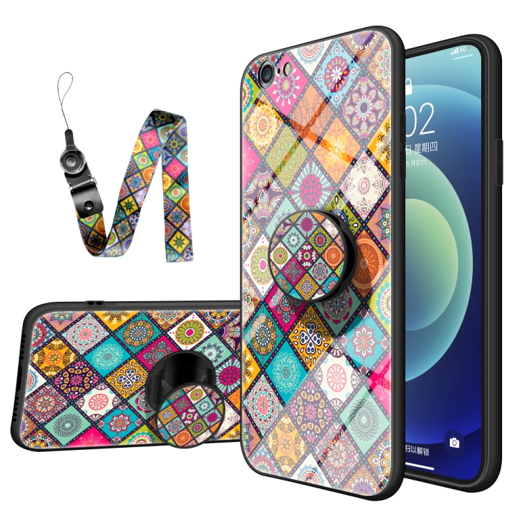 

Painted Ethnic Pattern Tempered Glass TPU Shockproof Case with Folding Magnetic Holder & Neck Strap For iPhone 6s / 6(Checkered)
