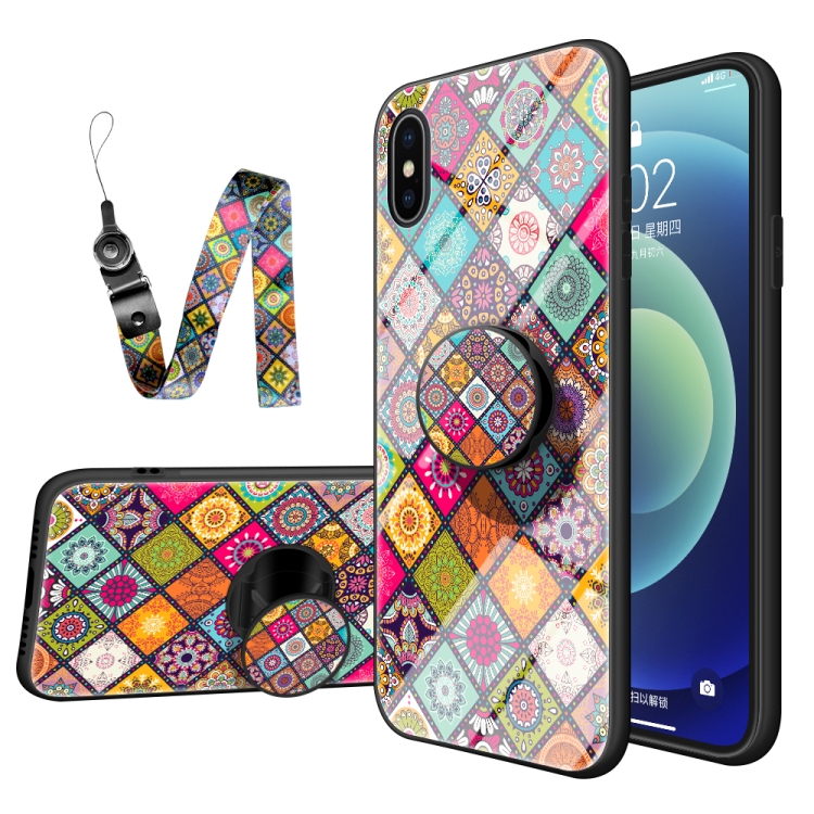 

Painted Ethnic Pattern Tempered Glass TPU Shockproof Case with Folding Magnetic Holder & Neck Strap For iPhone XS Max(Colorful)